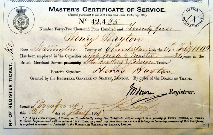 Henry Hayton Master's Certificate of Service 1851